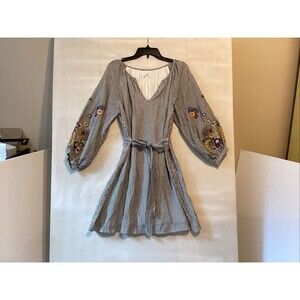 anthropologie feather bone Lindsay dress S striped boho embroidered floral